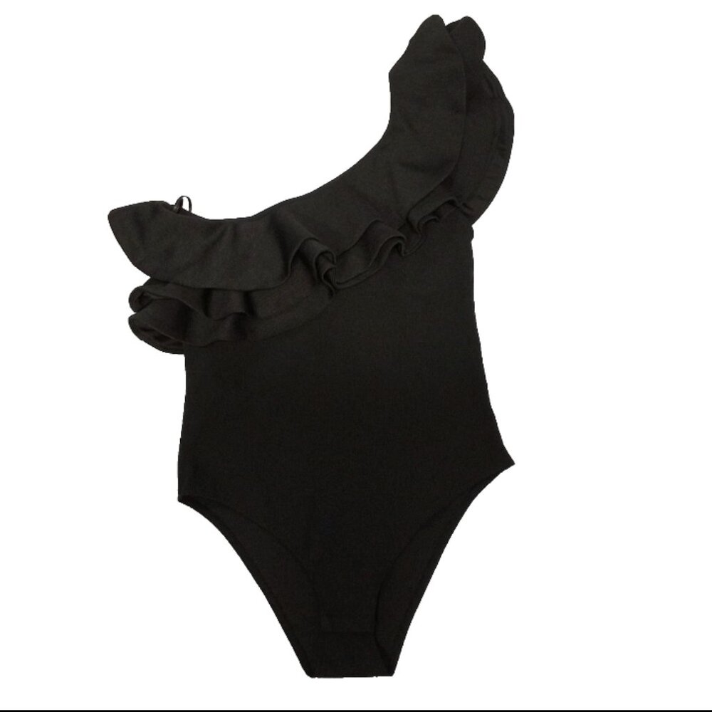 H&M Women's One-Shoulder Ruffle Bodysuit Black Asymmetric Elegant Stretch Top S